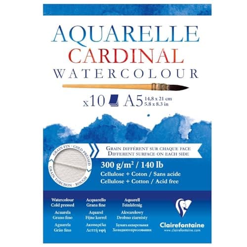 Clairefontaine 96182C Bloc Encollé Cardinal - 10 Feuilles Papier Aquarelle Blanc Coton et Cellulose Double Grain A5 14,8x21 cm 300g - Grain Fin au recto, Grain Torchon au verso