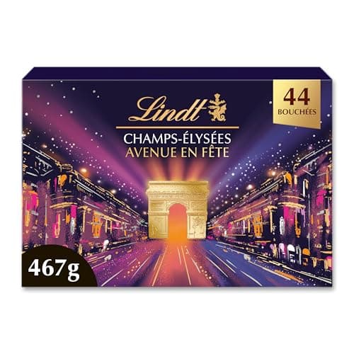Lindt - Boîte CHAMPS-ÉLYSÉES Édition Avenue en Fête - Assortiment de Chocolats au Lait, Noirs et Blancs - Pralinés, Croustillants et Onctueux - Idéal pour Noël, 467g