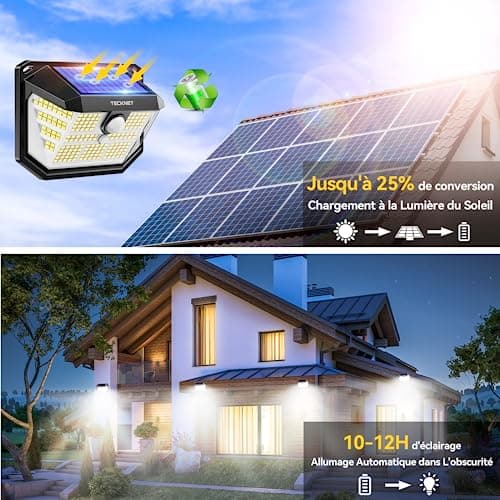 TECKNET Lampe Solaire Extérieur, 231 LEDs, Projecteur Solaire avec Éclairage à 300°, Lampe Murale Étanche IP65, 3 Modes, avec Détecteur de Mouvement, pour Jardin, Patio et Garage - Pack de 2