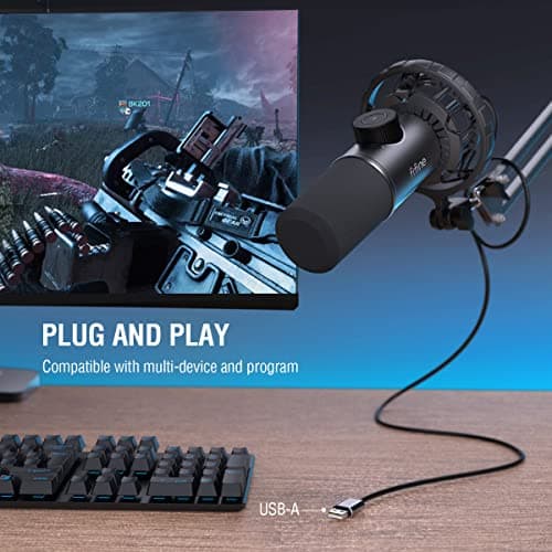 FIFINE USB Microphone Gaming, RGB Dynamiques Micro pour PC, Bouton de Silence & 3,5mm Prise Casque, Plug and Play Microphone Cardioïde pour Diffusion en Continu, Podcasting, Youtube