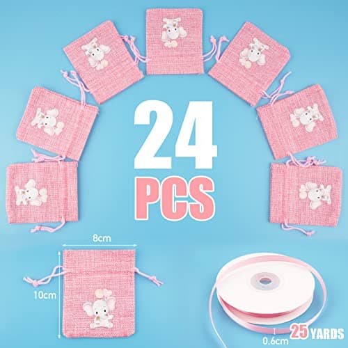 BETESSIN 24pcs Sachet Cadeau Dragée Jute Pochette Communion Baptême 8x10cm Confirmation Sac Mariage Anniversaire Bijoux Bonbon Chocolat Perle Faveur Décoration Fête (Rose)
