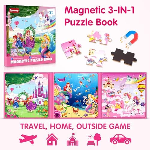 SYNARRY Puzzle Licorne Princesse Sirène Magnetique Enfants 3 4 5 6 Ans, 20 Piéces de Puzzle Voyage, Jouet pour Fille Avion Voiture Enfant 3 à 8 Ans