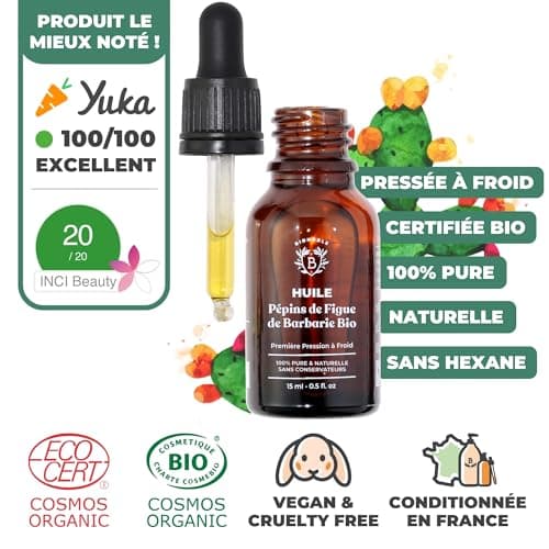 Bionoble Huile de Pépins de Figue de Barbarie Bio 15ml + Pipette - Bouteille en Verre - 100% Pure, Naturelle, Pressée à Froid - Huile de Figue de Barbarie Bio Visage Anti-Âge et Anti Cerne Bio