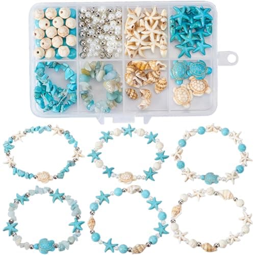 SUNNYCLUE 1 boîte 6 ensembles de Kits de Fabrication de Bracelets D'Été, Étoile de Mer, Tortue de Mer, Perles D'Animaux de L'Océan, Perles Turquoise Porte-Bonheur, Pierres Précieuses en Vrac, Breloque