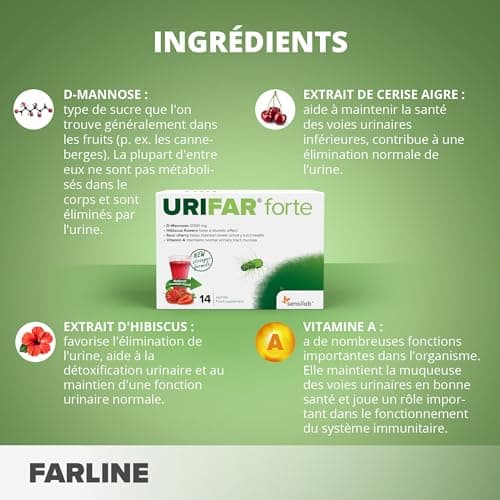 Sensilab Urifar Forte | Délicieuse boisson à la fraise à base de D-Mannose, vitamine A, hibiscus et extrait de cerise griotte pour les voies urinaires | 28 sachets