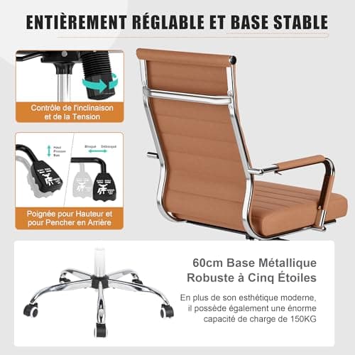 UEV Chaise de Bureau Ergonomique Kolumbus Cuir PU, Moderne avec roulettes et Accoudoirs, Hauteur Réglable, Pivotant Universel, Capacité de Poids jusqu'à 150kg, Brun