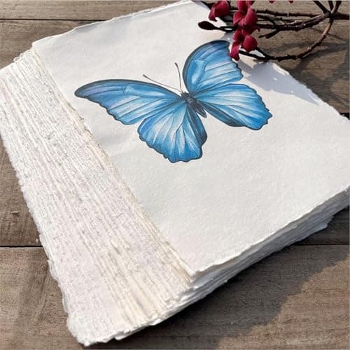 Papier Mixte A5 Crème Fait À La Main Avec Bord Frangé - 21 X 15 cm - 150 GSM - Papier Texturé Coloré Pressé À Froid Fabriqué Avec Du Coton Recyclé Pour Invitations - 50 Feuilles