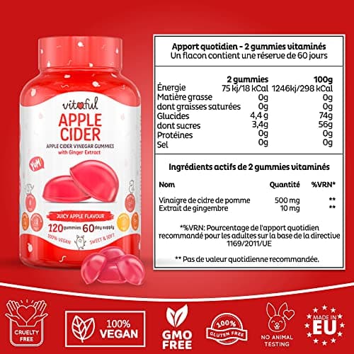 VITAFUL Apple Cider - Detox, Nettoyage Intestinal, Digestion & Regain d'Energie - Vinaigre de Cidre & Extrait de Gingembre - Complément Alimentaire - 100% Végan - 120 gummies Dose de 2 Mois