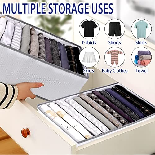 sprecenk Boîte de Rangement Vetement, 12 Grilles Armoire Organisateur de Vêtements, 2PCS Organisateur de Tiroir Pliable pour T-shirts, Shorts, Jupes, Gris