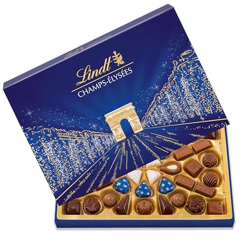 Lindt - Boîte CHAMPS-ÉLYSÉES Assorti - Assortiment de Chocolats au Lait, Noirs et Blancs - Pralinés, Croustillants et Onctueux - Idéal pour Noël, 469g