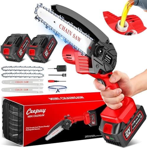 CEEPUY Mini Tronçonneuse à Batterie 8000mAh 6 Pouces 880W, 2 Batteries 4.0 mAh 2 guide chaîne, Petite Tronconneuse Thermique Coupe Branche Electrique Scie Electrique Tronçonneuse Sans Fil Pour Jardin