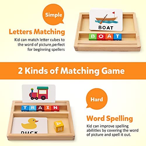 Coogam Blocs de Couleur Jeux d'orthographe, Lettres Assorties en Bois Jouet avec Mots Cartes Flash, Alphabet ABC Apprentissage éducatif Montessori Puzzle Cadeau