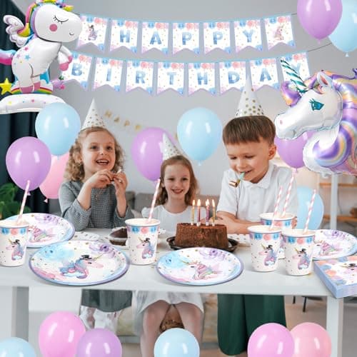 LAISLLA Assiettes Anniversaire Licorne, Anniversaire Licorne Decoration Fille, Deco Licorne Ballon, Licorne Vaisselle Anniversaire pour Enfants Party Fête Mariages Baby Shower Noël, 16 Invités
