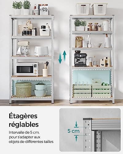 SONGMICS Lot de 2, Étagère de Rangement à 5 Niveaux, 40 x 90 x 180 cm, Capacité 875 kg, Planches Réglables, Style Industriel, pour Cuisine, Salon, Argent GLR040E02