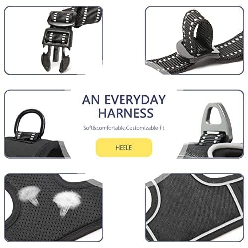 HEELE Harnais Chien, Harnais Chien Anti Traction, Réfléchissant, avec Poignée Rembourrée Contrôl, 2 Anneaux Métal, Harnais pour Petit Moyen et Grand Chien, Noir, L