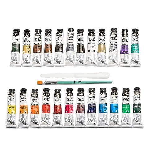 Pébéo - Studio Acrylics - Set 24 Tubes 20 Ml Couleurs Assorties + Accessoires - Kit de Peinture Acrylique pour Artiste et Débutant - Pinceaux + Spatule + Carton Toilé - Couleurs Lumineuses