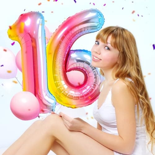 Ballons Anniversaire 16 Couleur - 100cm - Ballon Chiffre 16 Numéro 16 - Happy Birthday Decoration Ballons Fête d'anniversaire Ans Vole Grâce à l'Hèlium 16