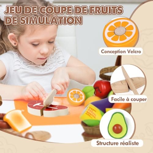 Lehoo Castle Accessoire Cuisine Enfant, Jouet de Cuisine en Bois Enfant, Accessoires Cuisine Enfant avec Panier en Tissu, Jouet Alimentaire, Jouet Montessori 3 4 5 6 7 Ans