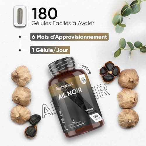 Ail Noir Fermenté 15000mg Extra Fort - 180 Gélules Vegan - S-Allylcystéine Allium Sativum Puissant (20:1) Allicine Inodore & Saveur - Riche En Vitamines & Minéraux - Ail Noir Gélules Garlic Capsules