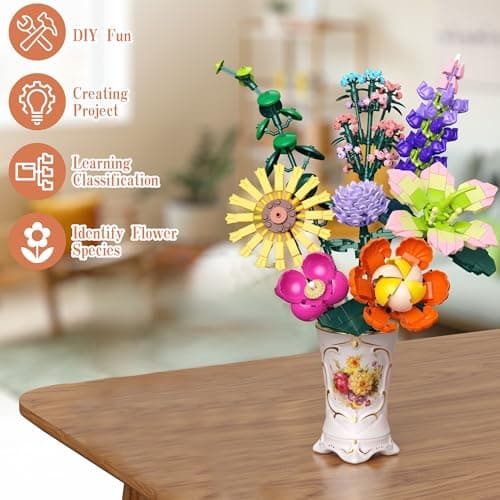 Kit de Construction Bouquet de Fleurs, 861 PCS Flowers Artificielles pour Bureau et Maison, 2024 Cadeau pour Enfants de 6+, Anniversaires, Fête des Mères, Saint-Valentin, Vacances de Noël