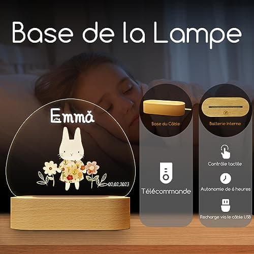 Giftove Veilleuse Bébé Personnalisé avec Prénom & Date, Cadeau Naissance Fille Original, Cadeau Fille de Bapteme/Nouveau né, Lampe Bebe Personnalisé Lampe Chevet Enfant, Deco Chambre Bebe Fille