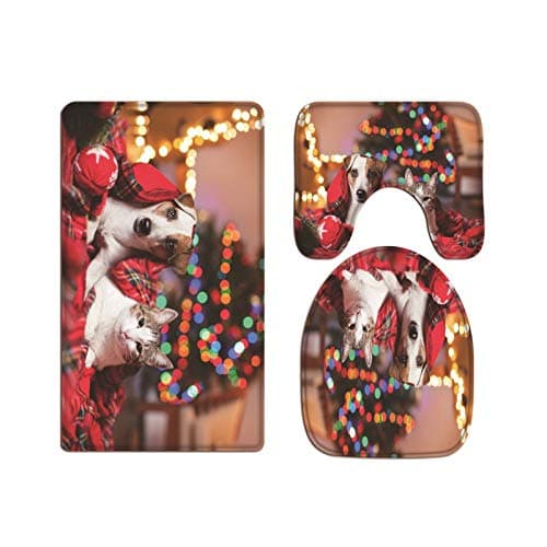 A.Monamour Ensembles de Tapis De Toilette 3 Pcs Mignon Chien Et Chat Enveloppé dans Une Couverture Animal Drôle Flanelle Absorbant Antidérapant Tapis de Bain pour Salle De Bain WC