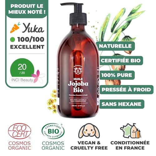 Bionoble Huile de Jojoba Bio 200ml + Pompe - Bouteille en Verre - 100% Pure, Naturelle, Pressée à Froid - Huile de Jojoba pour Cheveux Visage Corps - Vegan Jojoba Oil, Huile Jojoba Bio