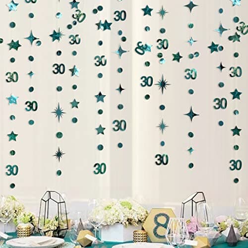 Pink Blume 30 Ans Anniversaire Vert Décorations de fête Indigo Cercle Point Étoile Guirlande Métallique Papier à Suspendue Streamer pour 30 Anniversaire Hommes Femmes 30e décors Fournitures de fête
