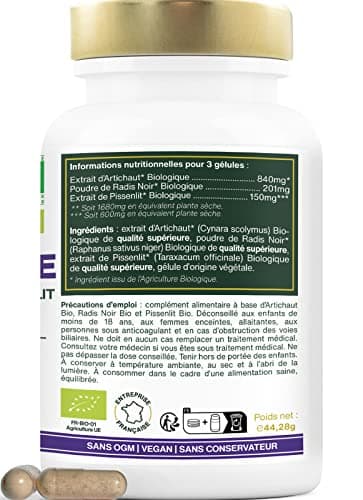 Détox Foie BIO | Puissant Détoxifiant, Draineur, Améliore la Digestion | Artichaut, Radis Noir, Pissenlit | 90 Gélules Vegan | Qualité Supérieure, Fabriqué en France
