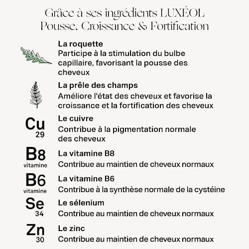 LUXÉOL - Pousse Croissance & Fortification - Complément Alimentaire - Roquette, Prêle Des Champs, Zinc, Cuivre, Sélénium, Vitamine B8 & B6 - Fabriqué En France - Programme Cheveux 3 Mois - 90 Gélules