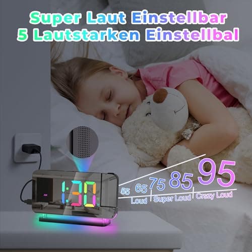 U-picks Réveil Numérique,Réveil avec Projection,Horloge Miroir LED de 7,4" projecteur rotatif à 180°affichage numérique 11 Color RVB,Veilleuse 10 color,Horloge de table numérique à 5 niveaux de Volume