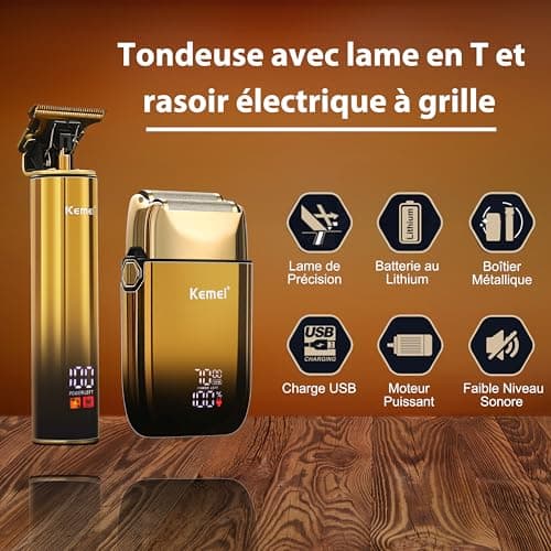 KEMEI T-Blade Tondeuse à Barbe pour Hommes et Rasoir Électrique à Foil, avec Écran LED, Kit de Coiffure Imperméable pour Barbiers/Usage Domestique, Cadeau pour Hommes
