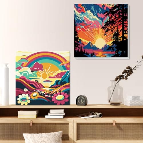 GHHKUD 4 Pack Paysage Peinture à Numéros Enfants Adultes Débutants, DIY Peinture Acrylique pour Adultes Enfants débutants Facile sur Toile avec peintures et pinceaux, Kits de Loisirs Créatifs 20×20cm