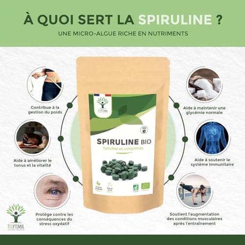 Spiruline Bio - Bioptimal - Complément alimentaire - BCAA Fer Vitamine A - 65% de Protéine - 17% de Phycocyanine - 500 mg/comprimé - Conditionnée en France - Certification Ecocert - 150 comprimés
