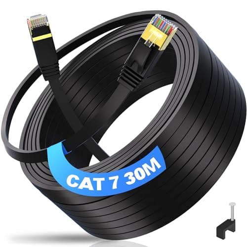 ikbc Ethernet Câble 30m, Cat 7 RJ45 30m Câble Exterieur Internet Câble Réseau, Haut Débit 10Gbps 750MHz Plat Câble Lan STP Rallonge Cordon RJ45 30 mètres pour Xbox PS4/5 Routeur TV PC (30 Clips)