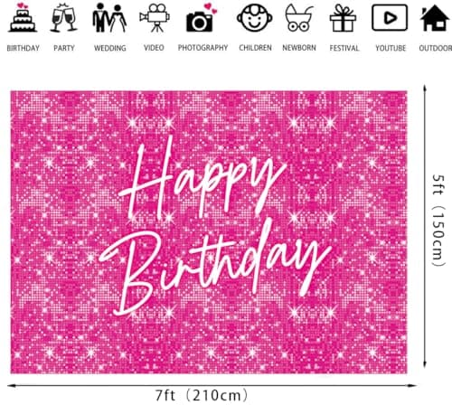Toile de fond rose vif « Happy Birthday » à paillettes brillantes de 2,1 x 1,5 m pour photographie de filles et femmes, décoration de fête d'anniversaire pour filles et femmes, accessoires photo