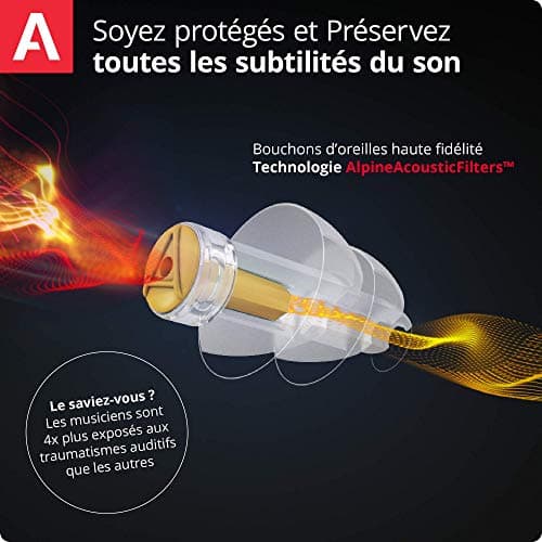 Alpine MusicSafe Bouchons d'oreilles : protection auditives pour musiciens - Haute fidélité du son - 2 jeux de filtres Interchangeables - Hypoallergénique et Réutilisables - Embouts transparents
