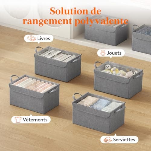 Lifewit Lot de 4 Boite Rangement en Oxford avec Couvercle Transparent, Rangement Dressing Armoire, Panier Rangement Pliable, Organisateur Placard, Vetement, Couverture, Livre, Jouet, Gris Clair, Petit