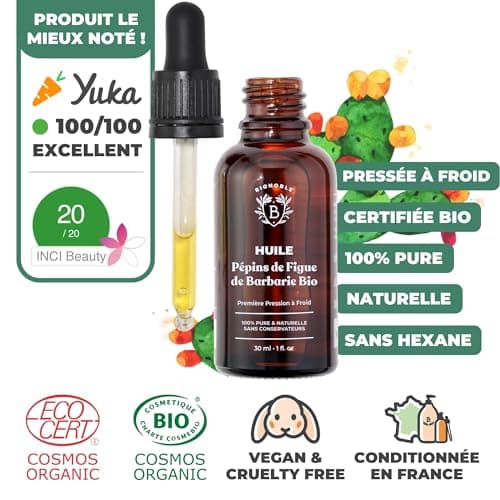 Bionoble Huile de Pépins de Figue de Barbarie Bio 30ml + Pipette - Bouteille en Verre - 100% Pure, Naturelle, Pressée à Froid - Huile de Figue de Barbarie Bio Visage Anti-Âge et Anti Cerne Bio