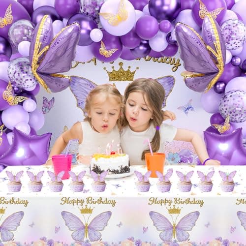 Décoration Anniversaire Violet, Ballon Anniversaire Fille Violet avec Happy Birthday Toile de fond, Nappe Papillon, Décoration de Gâteau Papillon pour Filles Femme Anniversaire Fête Parti Décoration