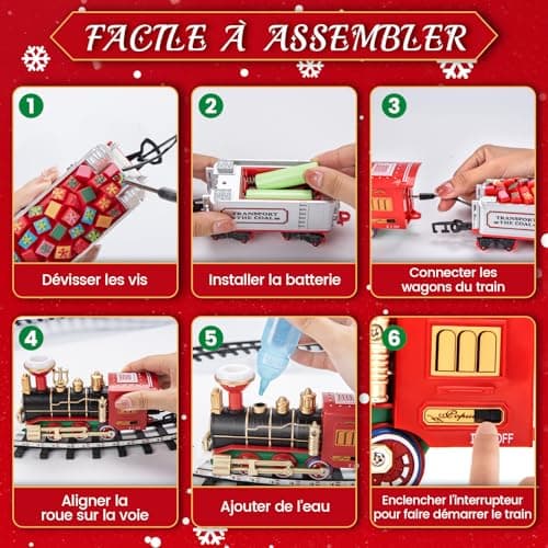 BuzzoXerex Train Electrique Noel, Train de Noel Electrique pour Sapin avec Guirlandes Lumineuses LED Bleues, Train Electrique Enfant avec Spray et Son