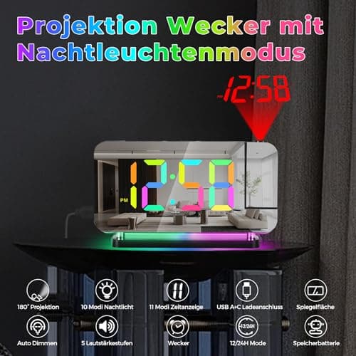 U-picks Réveil Numérique,Réveil avec Projection,Horloge Miroir LED de 7,4" projecteur rotatif à 180°affichage numérique 11 Color RVB,Veilleuse 10 color,Horloge de table numérique à 5 niveaux de Volume