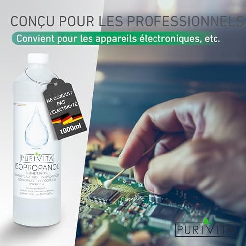 PURIVITA ISOPROPANOL - alcool de nettoyage - Alcool Isopropylique 99,9% - pour la maison, l'industrie, l'électronique - dégraissant + solvant - sans résidus - non conducteur - 500ml