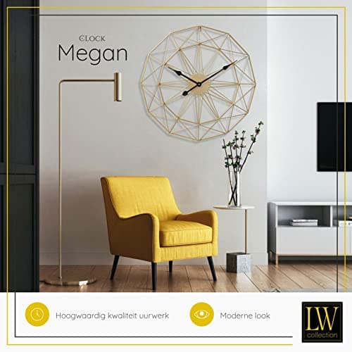 LW Collection Horloge Murale Megan Or 80 cm - Grande Horloge Murale Industrielle en Métal - Horloge Murale Moderne - Mouvement Silencieux - Horloge Silencieuse