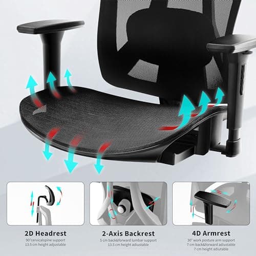 HOMESTOOL Chaise de Bureau Ergonomique Fauteuil Bureau avec 2-Axe Soutien Lombaire Réglables, Siege Bureau en Maille Carbone Chaise Ordinateur à Hauteur Assise Siège Cascade Capacité de 150kg