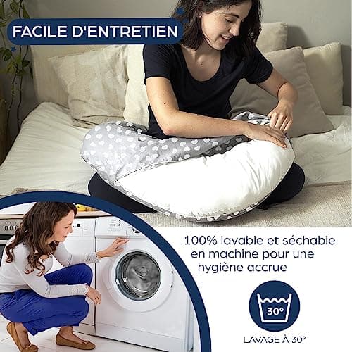 Niimo Coussin de Positionnement - Coussin de Grossesse en U - Coussin de Grossesse pour Dormir - Multifonction et Adapté Allaitement - Housse 100% Coton (Gris avec cœurs Blancs)