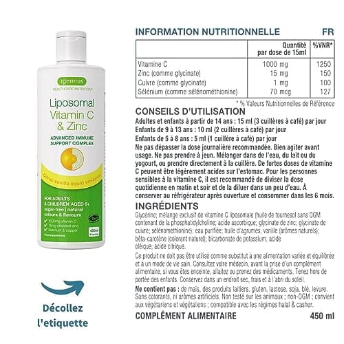 Vitamine C Liposomale 1000 mg Liquide avec Zinc, Cuivre et Sélénium - Système Immunitaire & Réduction de la Fatigue - Goût d'agrumes et vanille, Adultes et Enfants, 30 – 90 portions