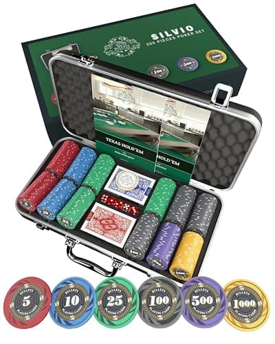 Bullets Playing Cards – Mallette de Poker «Silvio» | 300 jetons en céramique, 2 Jeux de Cartes Bleu et Rouge, 5 dés, 1 Bouton Dealer en céramique, 1 livret avec Les règles du Jeu