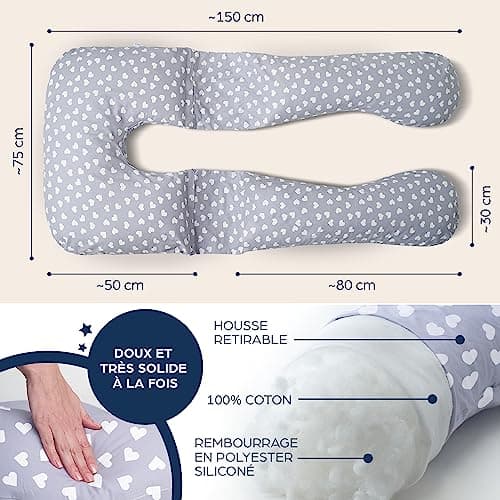 Niimo Coussin de Positionnement - Coussin de Grossesse en U - Coussin de Grossesse pour Dormir - Multifonction et Adapté Allaitement - Housse 100% Coton (Gris avec cœurs Blancs)