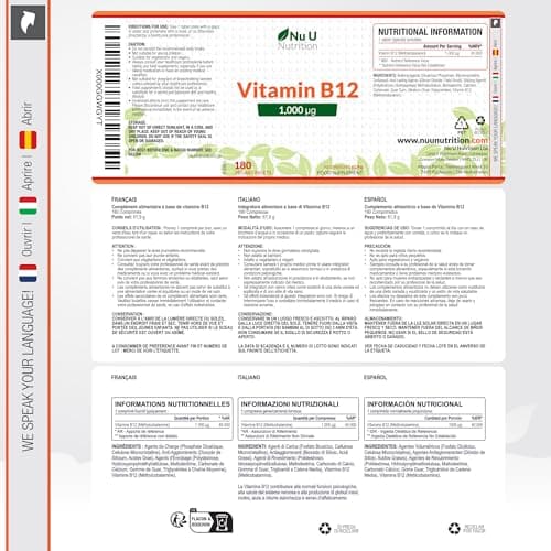 Vitamine B12 1000μg - Puissance Élevée de B12 Méthylcobalamine - 180 Comprimés Végétaliens (Approvisionnement pour 6 Mois) - Nu U Nutrition